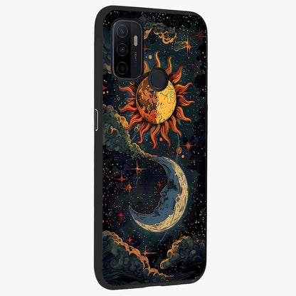 Sun And Moon Magic Design Glass Case upright view showcasing decorative sun and moon artwork with spiritual celestial theme.