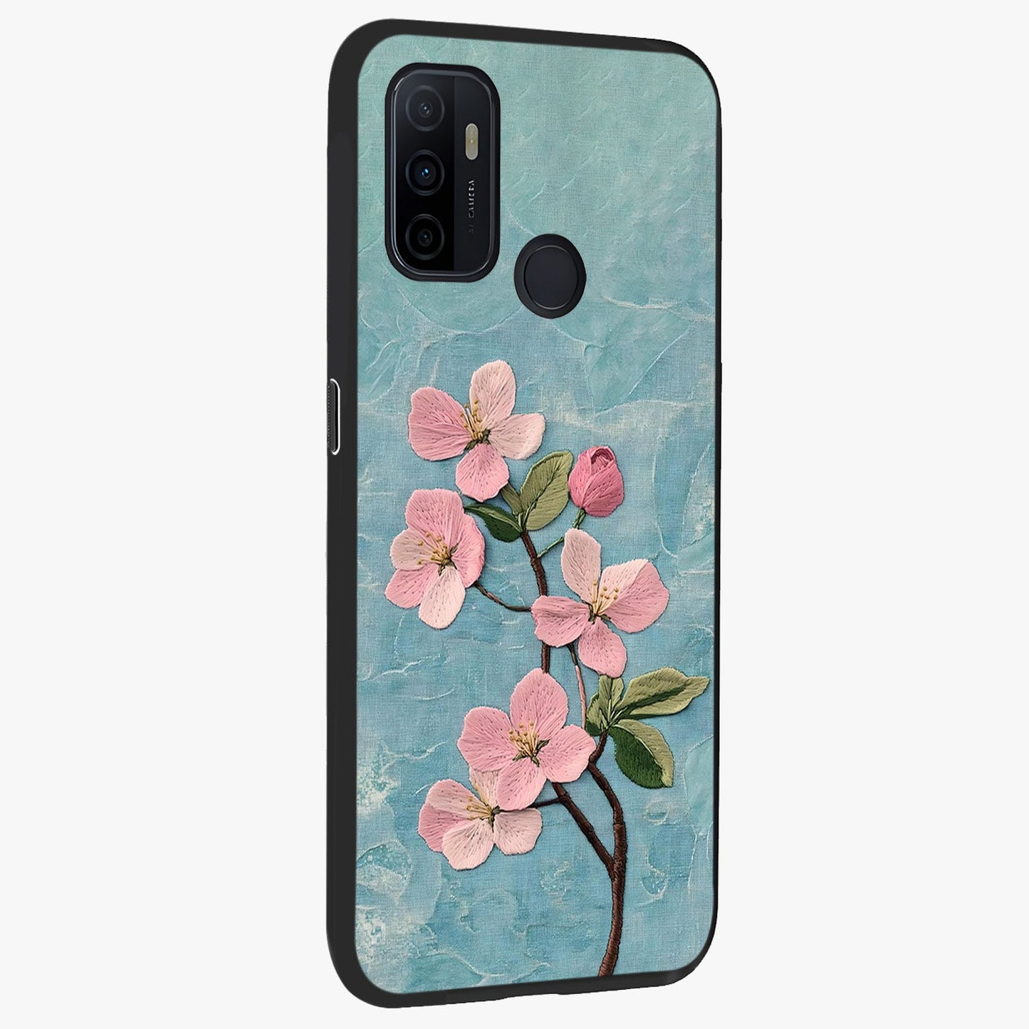 Threaded Blossom Breeze Glass Case upright view showcasing graceful flower artwork with calm botanical theme.