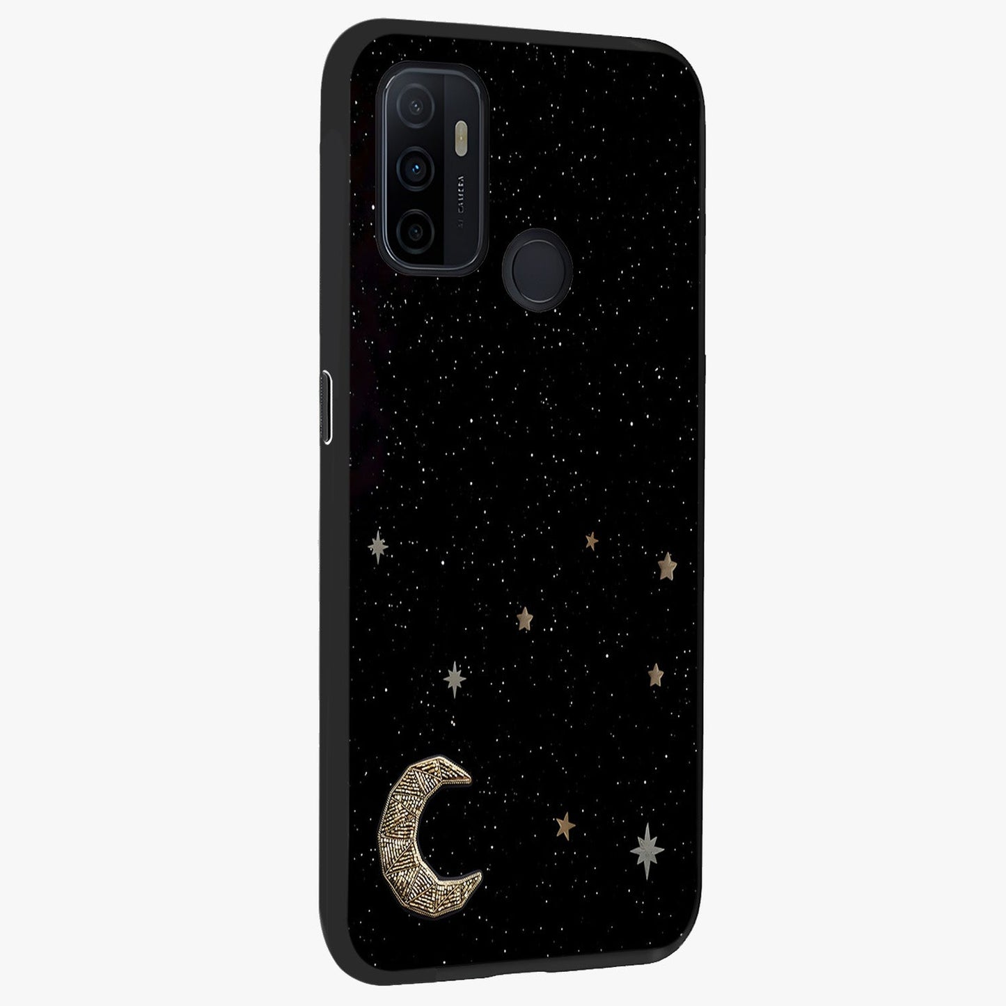 Twinkle Star With Half Moon Glass Case upright view showcasing glowing cosmic artwork with dreamy night theme.