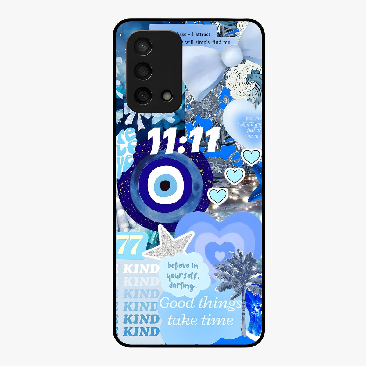 Aesthetic Be Kind Eye Glass Case showing flat back view with motivational eye artwork and glossy glass finish.