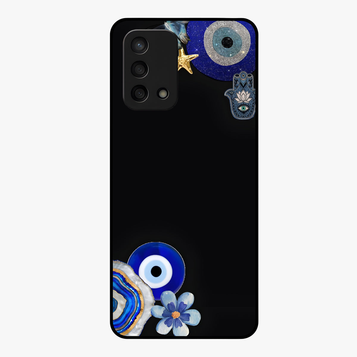 Aesthetic Blue Evil Eye Glass Case showing flat back view with protective evil eye artwork and glossy glass finish.
