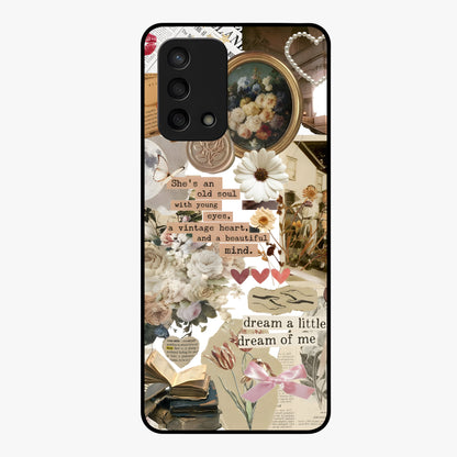 Aesthetic Brown Vintage Collage Glass Case showing flat back view with retro collage artwork and glossy glass finish.