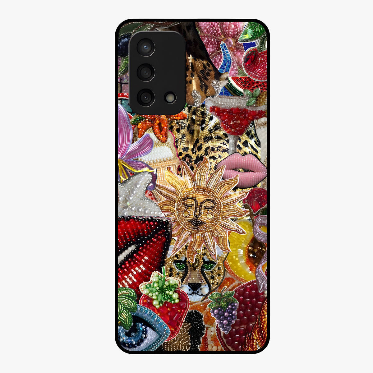 Beaded Fashion Jungle Glass Case showing flat back view with vibrant jungle inspired bead artwork and glossy glass finish.