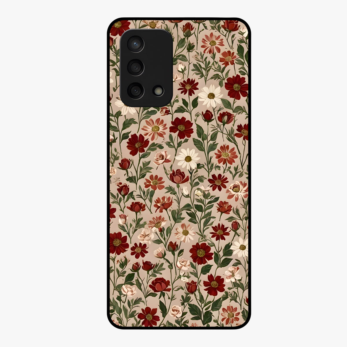 Biege Flower With Leaf Glass Case showing flat back view with soft beige floral artwork and glossy glass finish.
