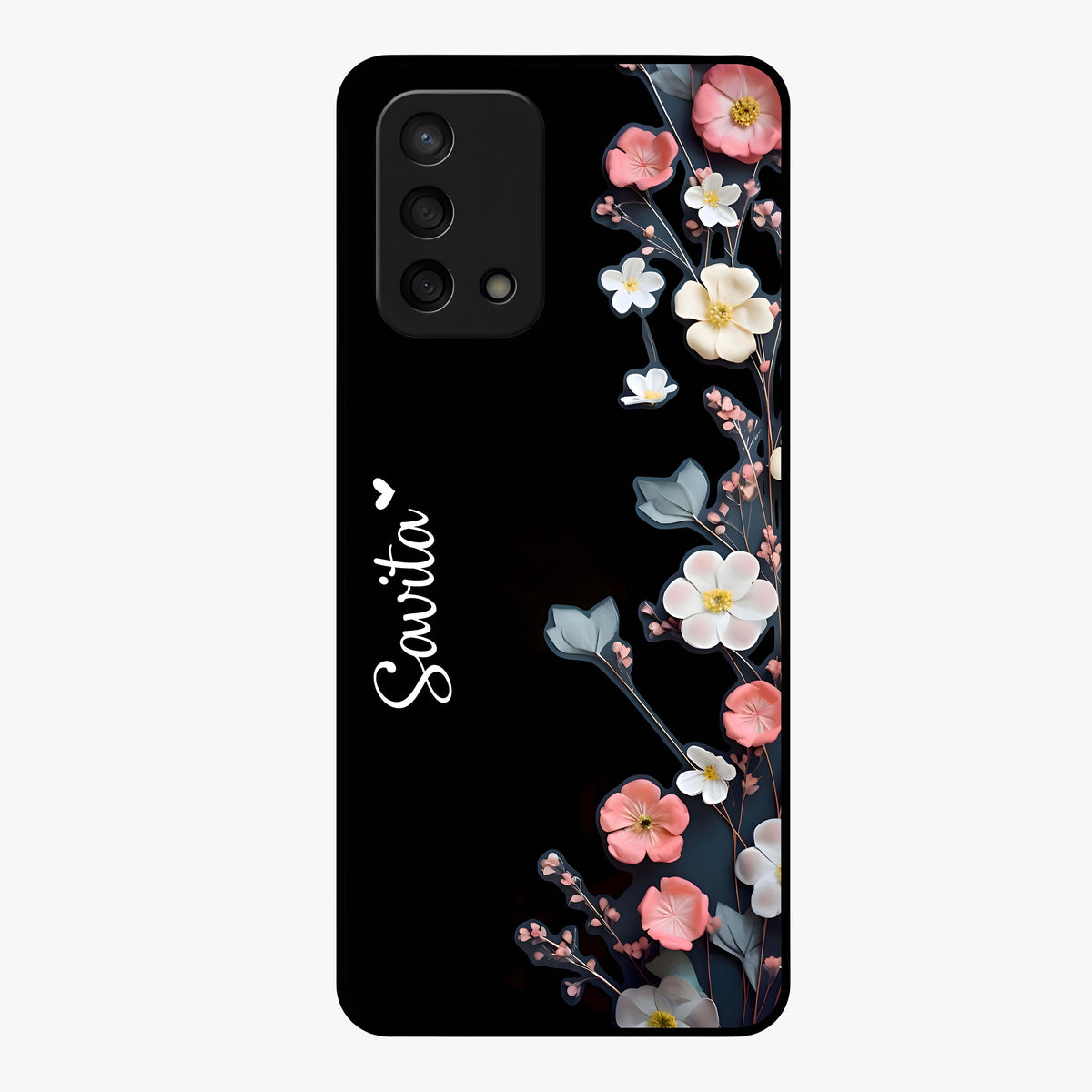 Black Elegance Floral Custom Name Glass Case showing flat back view with elegant floral artwork and personalized name design.