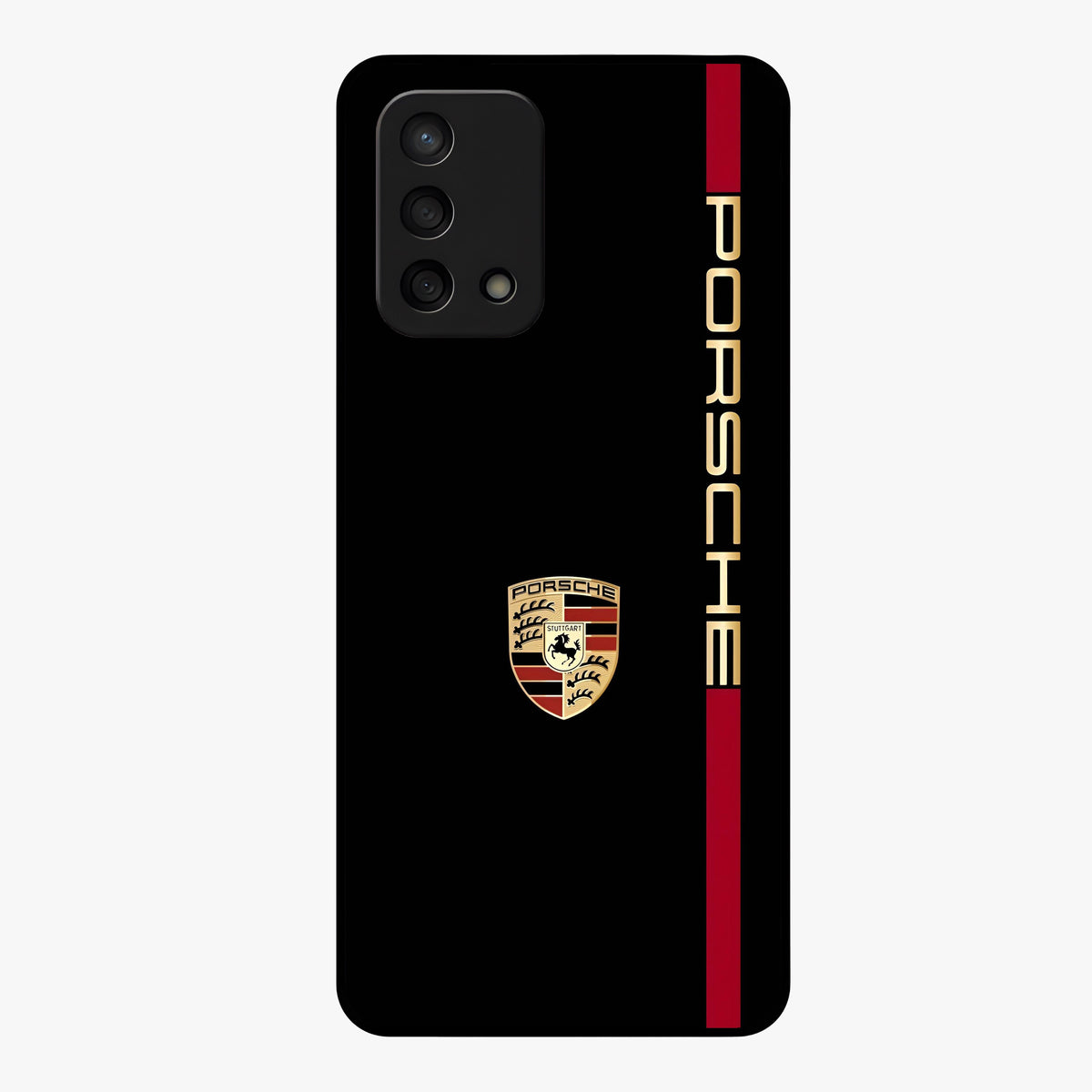 Black Minimal Porsche Glass Case showing flat back view with sleek minimal sports car artwork and glossy glass finish.