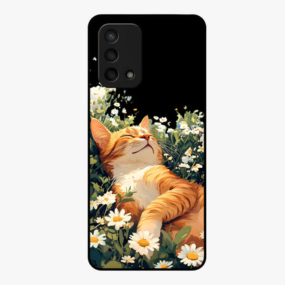 Blissful Bloom Cat Glass Case showing flat back view with cute cat and floral bloom artwork and glossy glass finish.