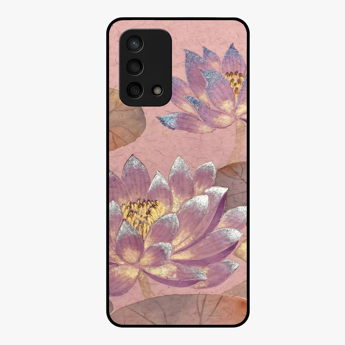 Blossom Mist Lotus Glass Case showing flat back view with serene lotus blossom artwork and glossy glass finish.