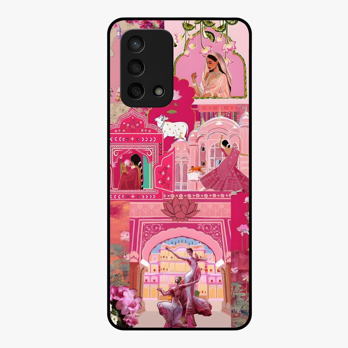 Blossoms of Rajasthan Glass Case showing flat back view with traditional floral artwork inspired by Rajasthan and glossy glass finish.