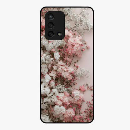 Blush Blossom Cloud Glass Case showing flat back view with dreamy blush cloud blossom artwork and glossy glass finish.