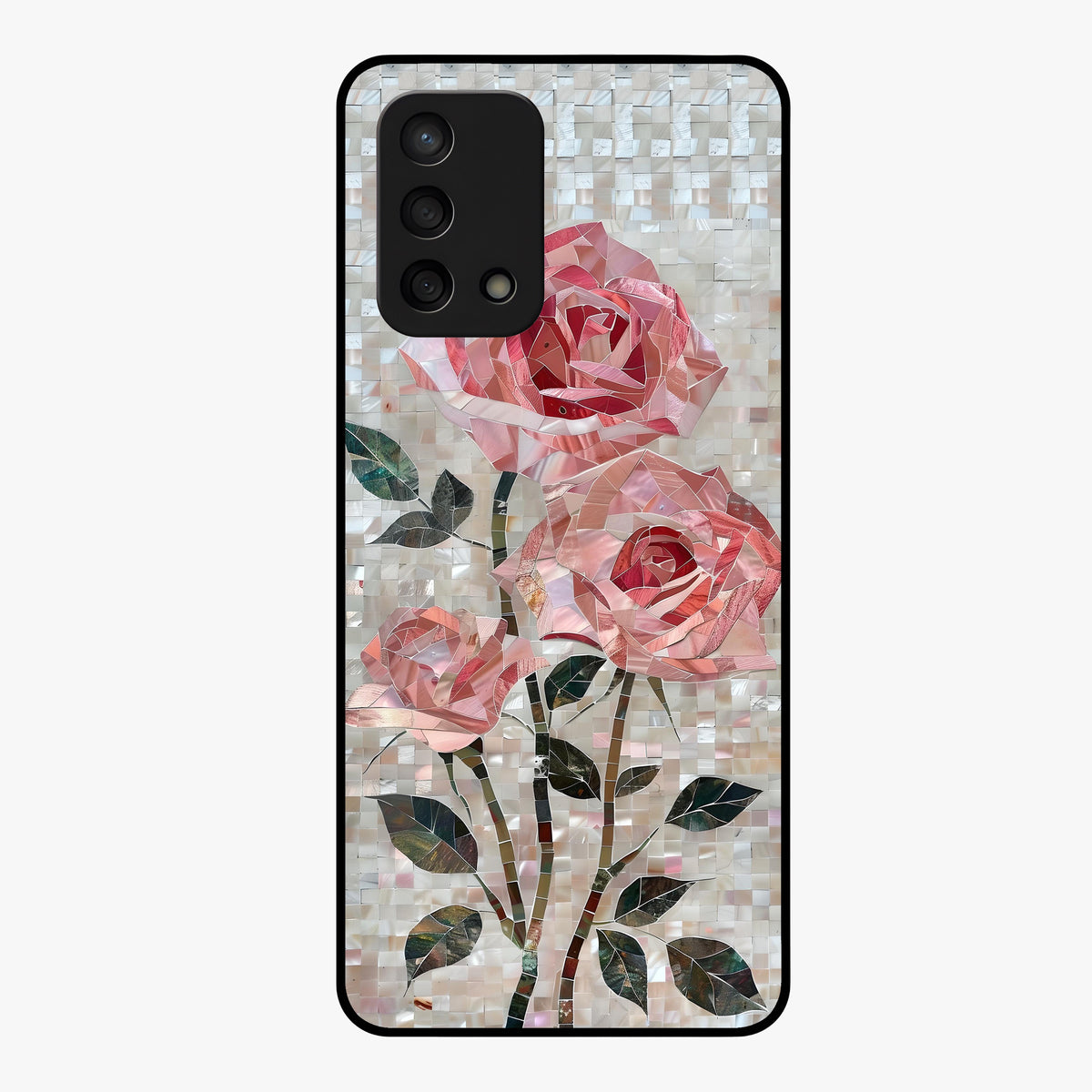 Blush Mosaic Bloom Glass Case showing flat back view with mosaic floral bloom artwork and glossy glass finish.