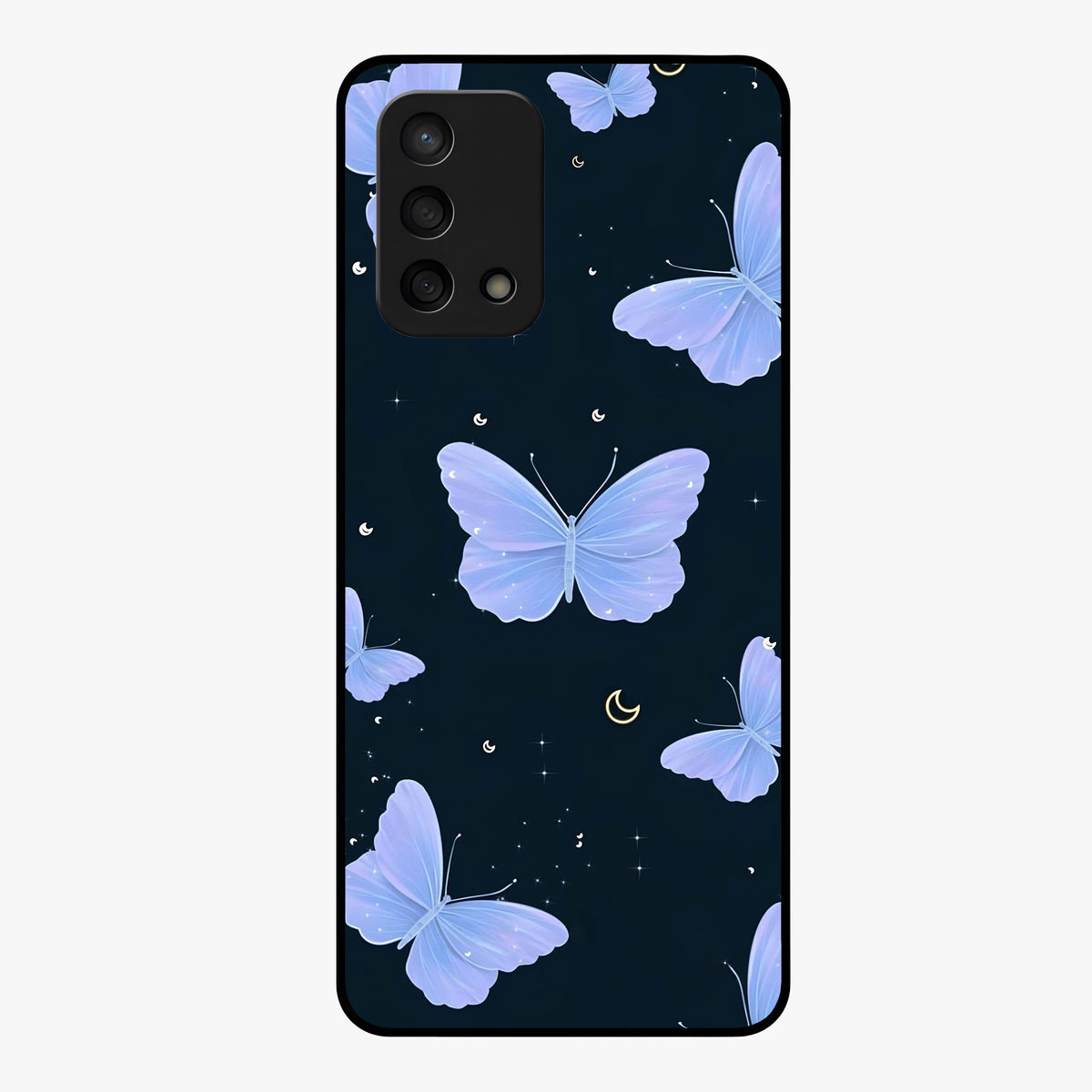 Butterfly With Stars Pattern Glass Case showing flat back view with butterfly and star pattern artwork and glossy glass finish.