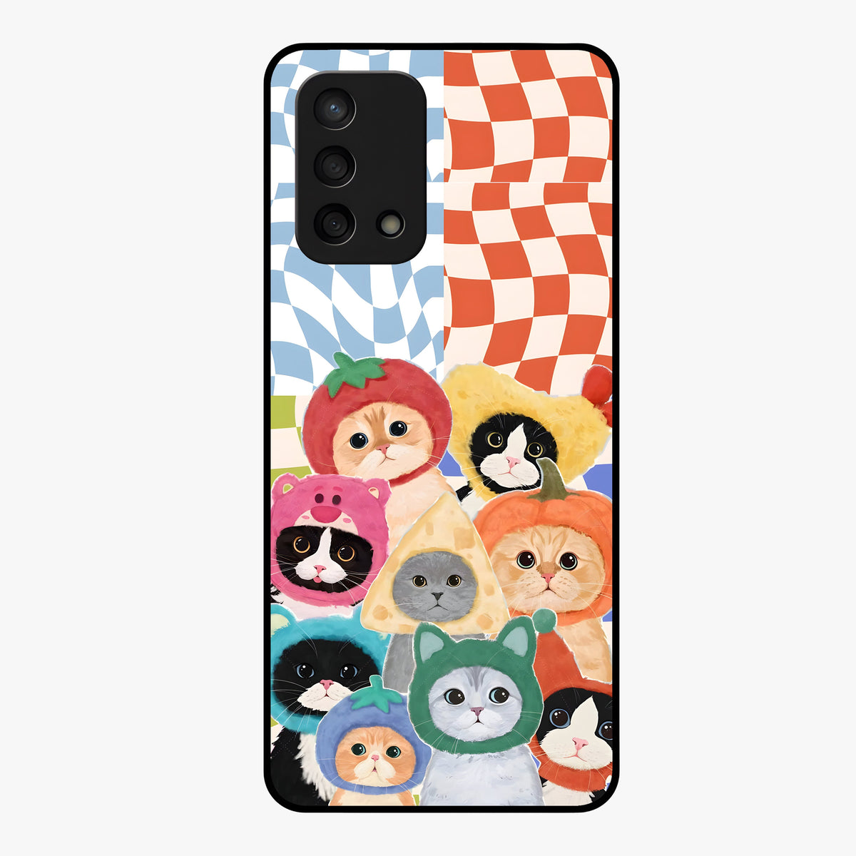 Cats in Fruits Glass Case showing flat back view with playful cat illustrations inside fruit artwork and glossy glass finish.