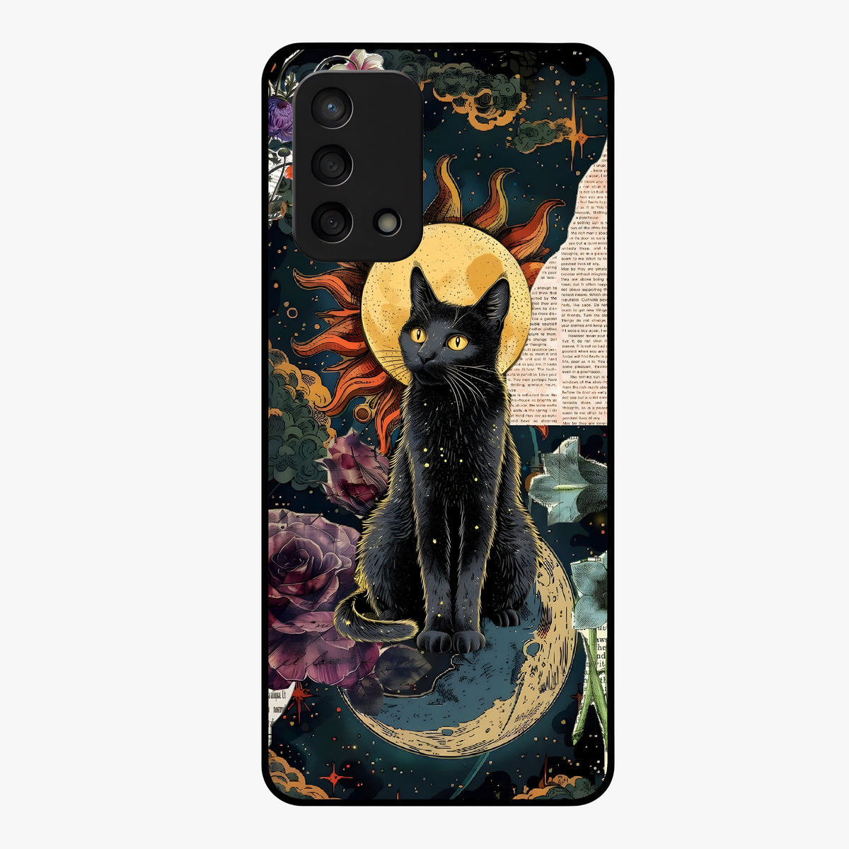 Celestial Black Cat Glass Case showing flat back view with mystical black cat artwork and glossy glass finish.