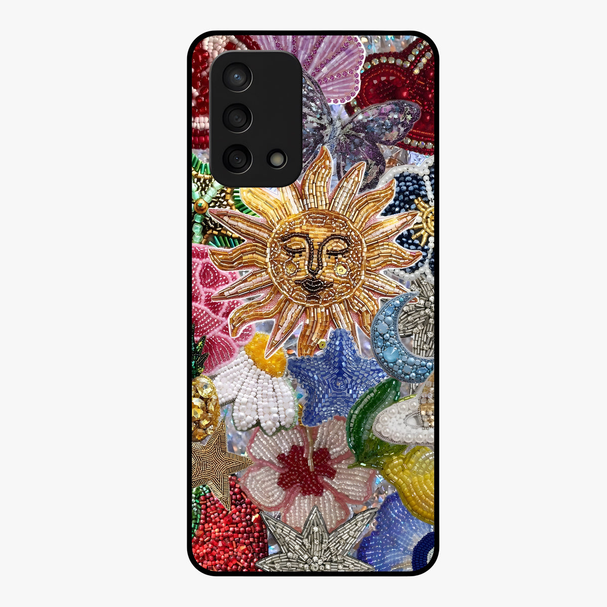 Celestial Floral and Playful Glass Case showing flat back view with floral and celestial themed artwork and glossy glass finish.