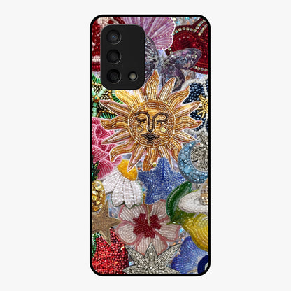 Celestial Floral and Playful Glass Case showing flat back view with floral and celestial themed artwork and glossy glass finish.