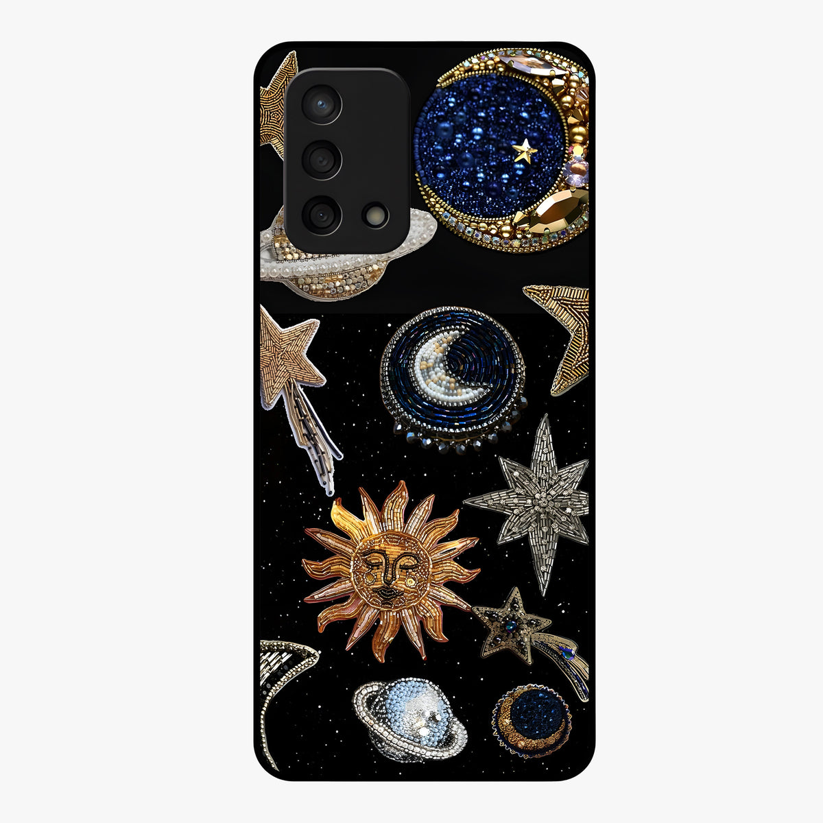 Celestial Gem Constellations Glass Case showing flat back view with sparkling constellation artwork and glossy glass finish.