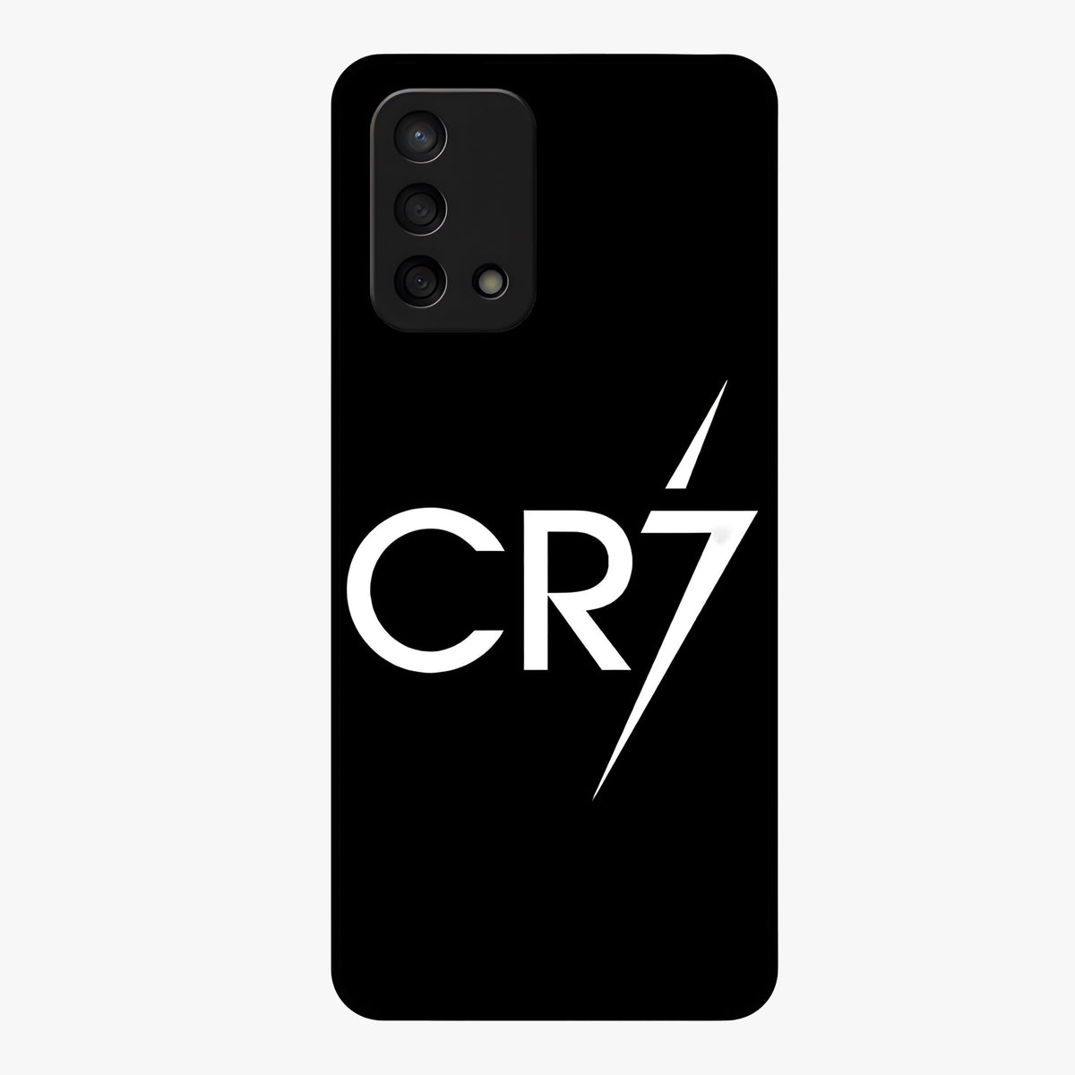 Cr7 Elite Strike Glass Case showing flat back view with dynamic football inspired artwork and glossy glass finish.