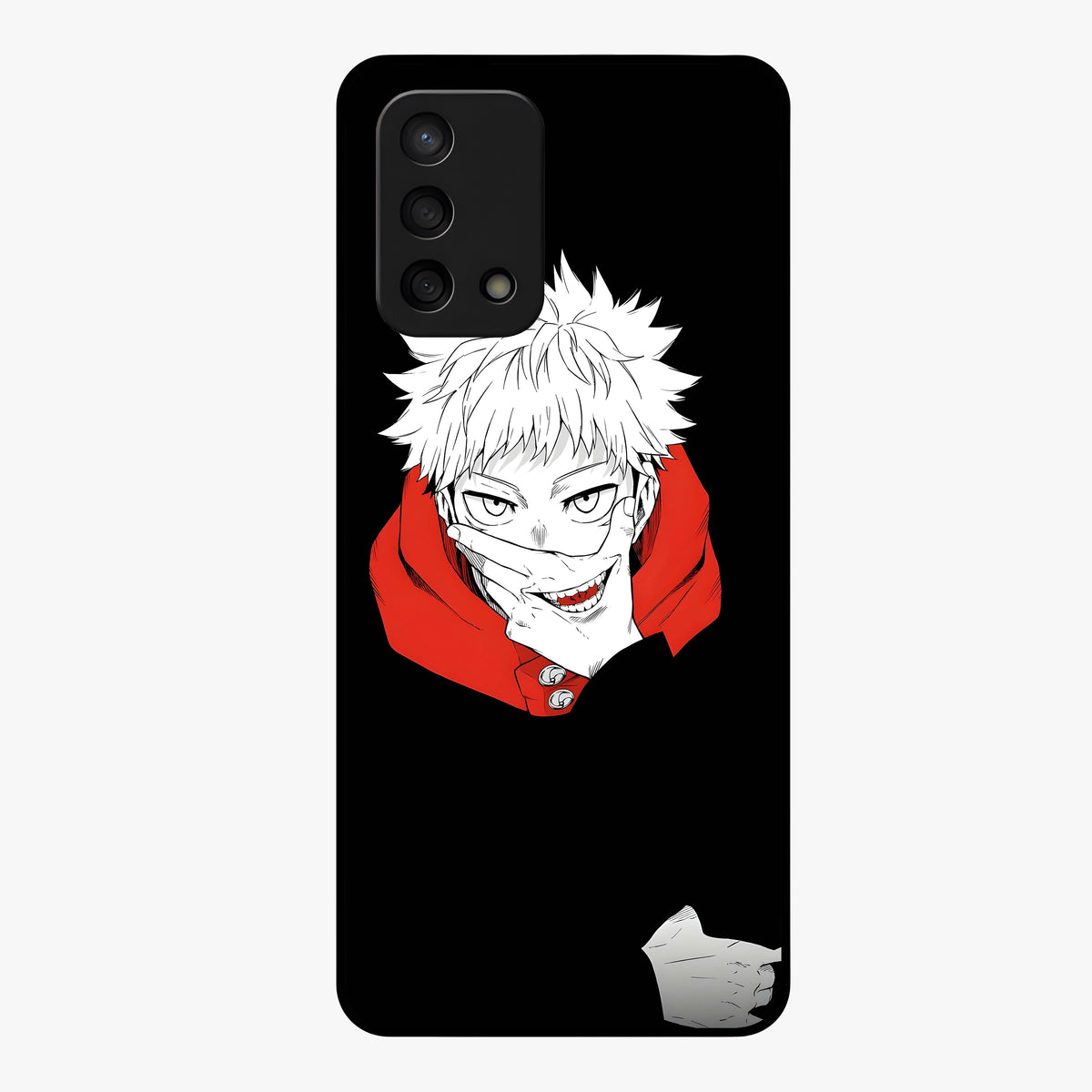 Crimson Chaos Smile Glass Case showing flat back view with bold chaotic smile artwork and glossy glass finish.
