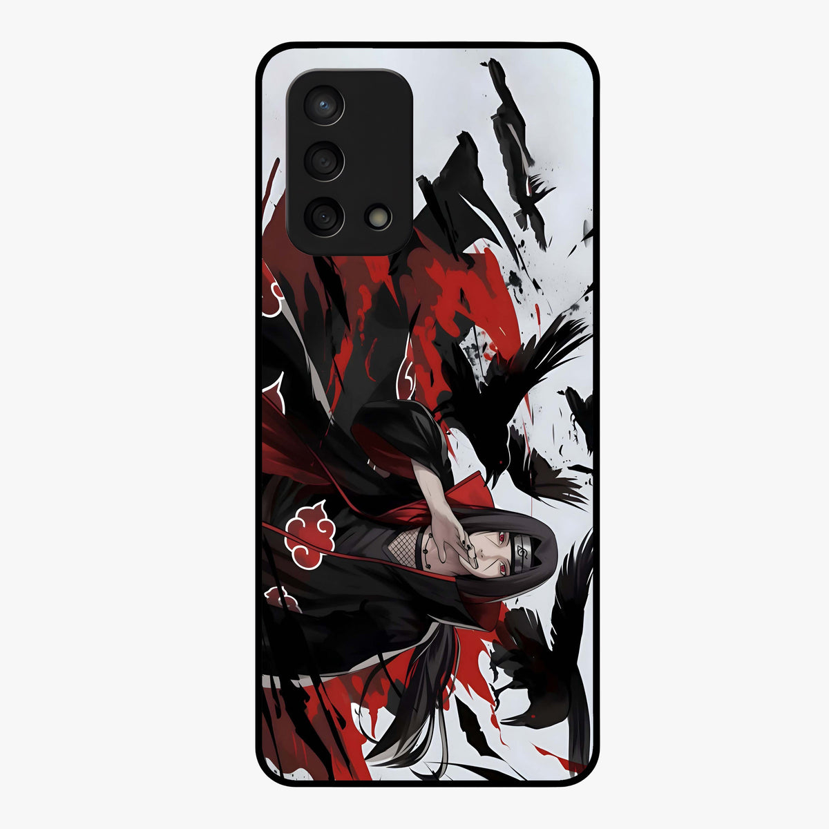 Crimson Crow Illusion Glass Case showing flat back view with artistic crow illusion artwork and glossy glass finish.
