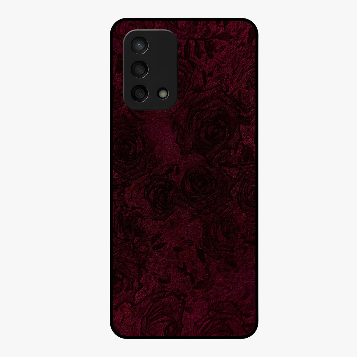 Crimson Fade Flow Glass Case showing flat back view with flowing crimson gradient artwork and glossy glass finish.