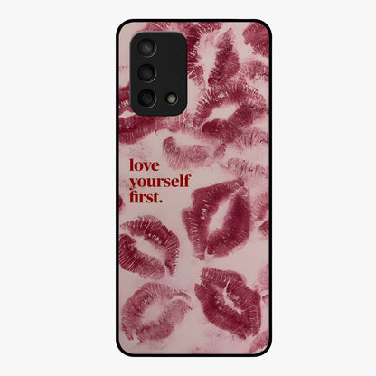 Crimson Kiss Love Glass Case showing flat back view with romantic crimson themed artwork and glossy glass finish.