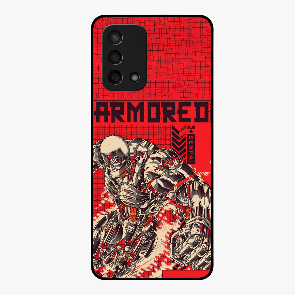 Crimson Mecha Titan Glass Case showing flat back view with powerful mech titan artwork and glossy glass finish.