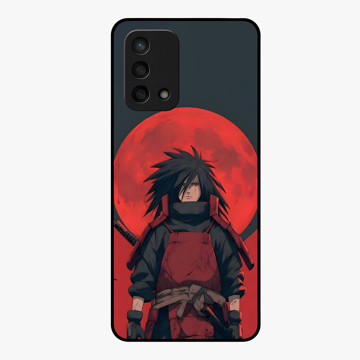 Crimson Moon Warlord Glass Case showing flat back view with mystical moon warrior artwork and glossy glass finish.