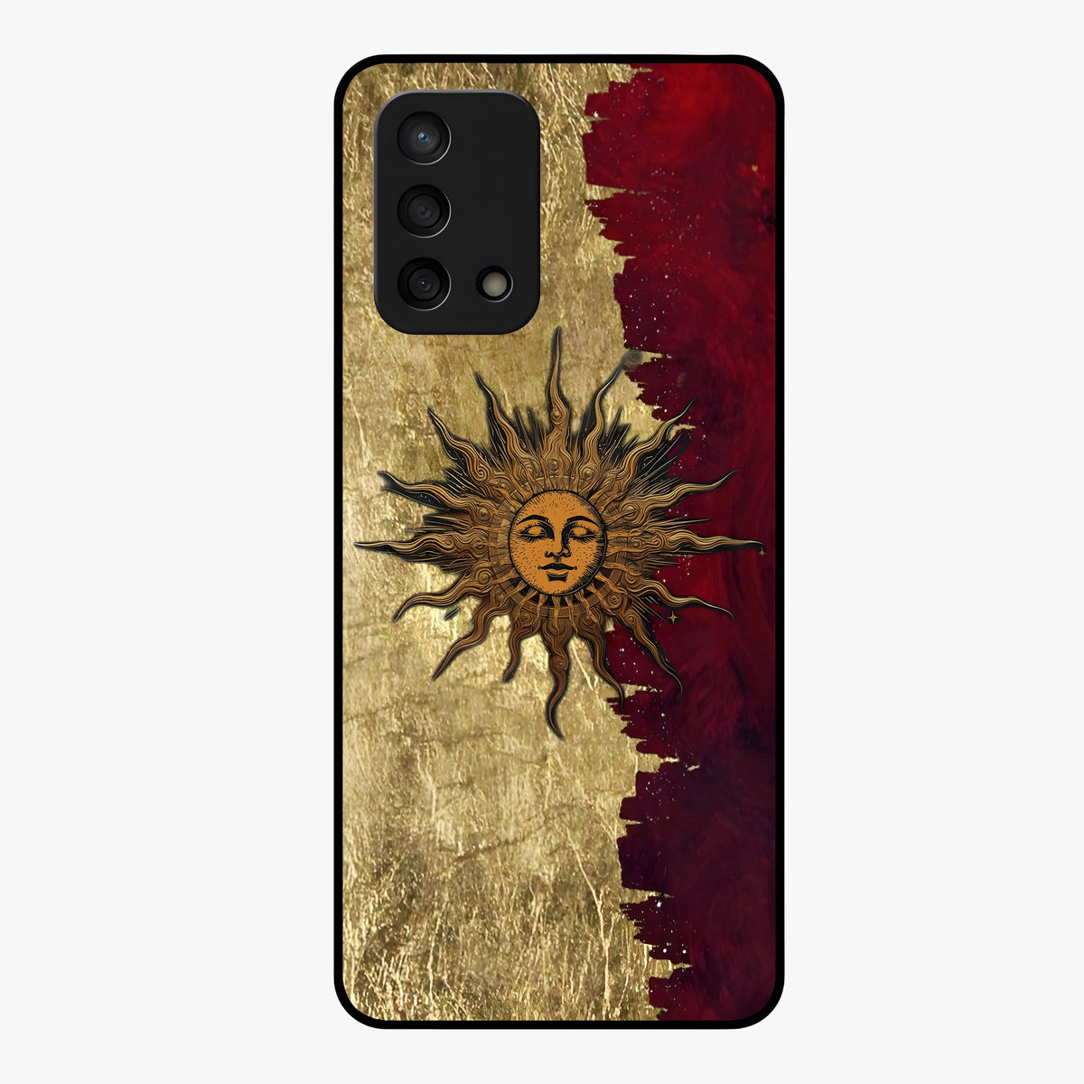 Crimson Sun Majesty Glass Case showing flat back view with radiant sun inspired artwork and glossy glass finish.