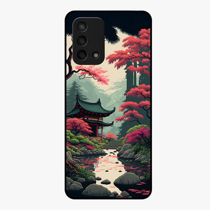 Crimson Temple View Glass Case showing flat back view with temple inspired artwork and glossy glass finish.