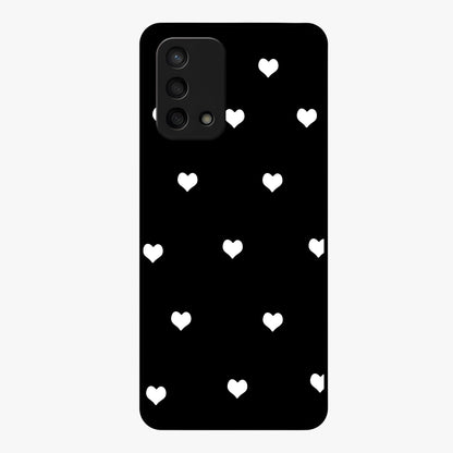 Cute And Simple White Hearts Glass Case showing flat back view with minimal white heart pattern and glossy glass finish.