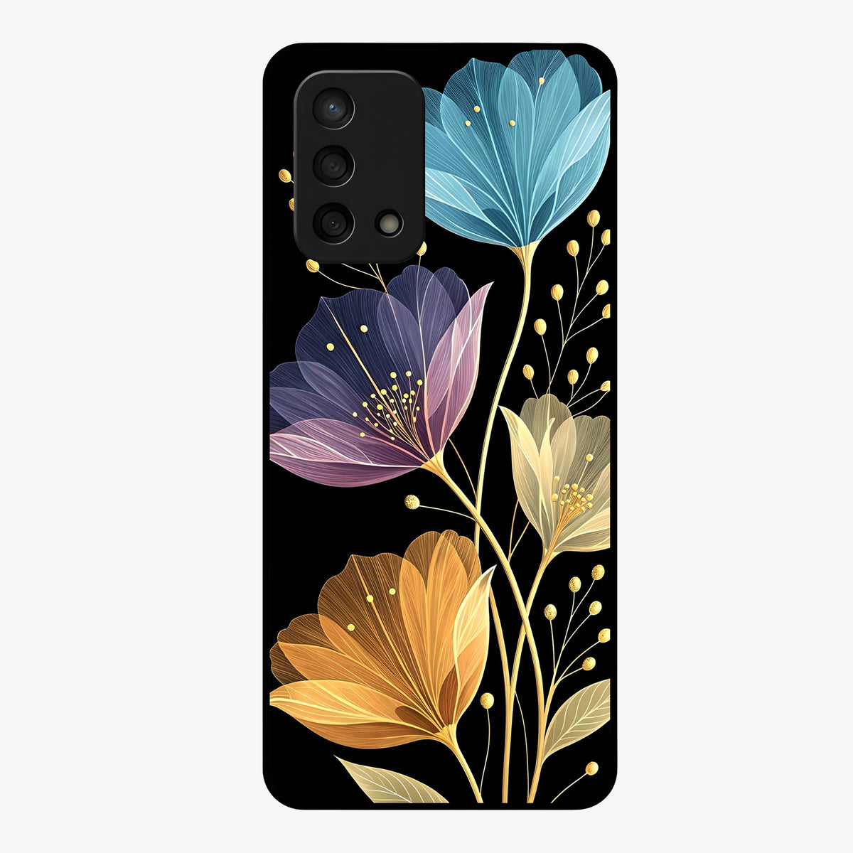 Delicate Multicolor Flowers Glass Case showing flat back view with vibrant floral artwork and glossy glass finish.