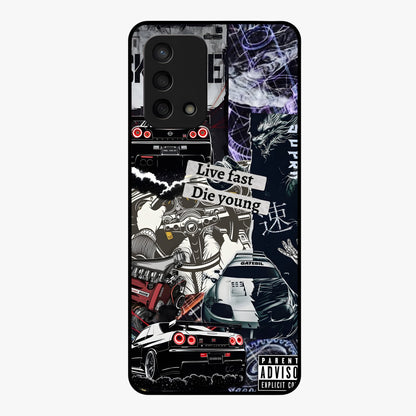 Die Young Glass Case showing flat back view with bold artistic typography design and glossy glass finish.