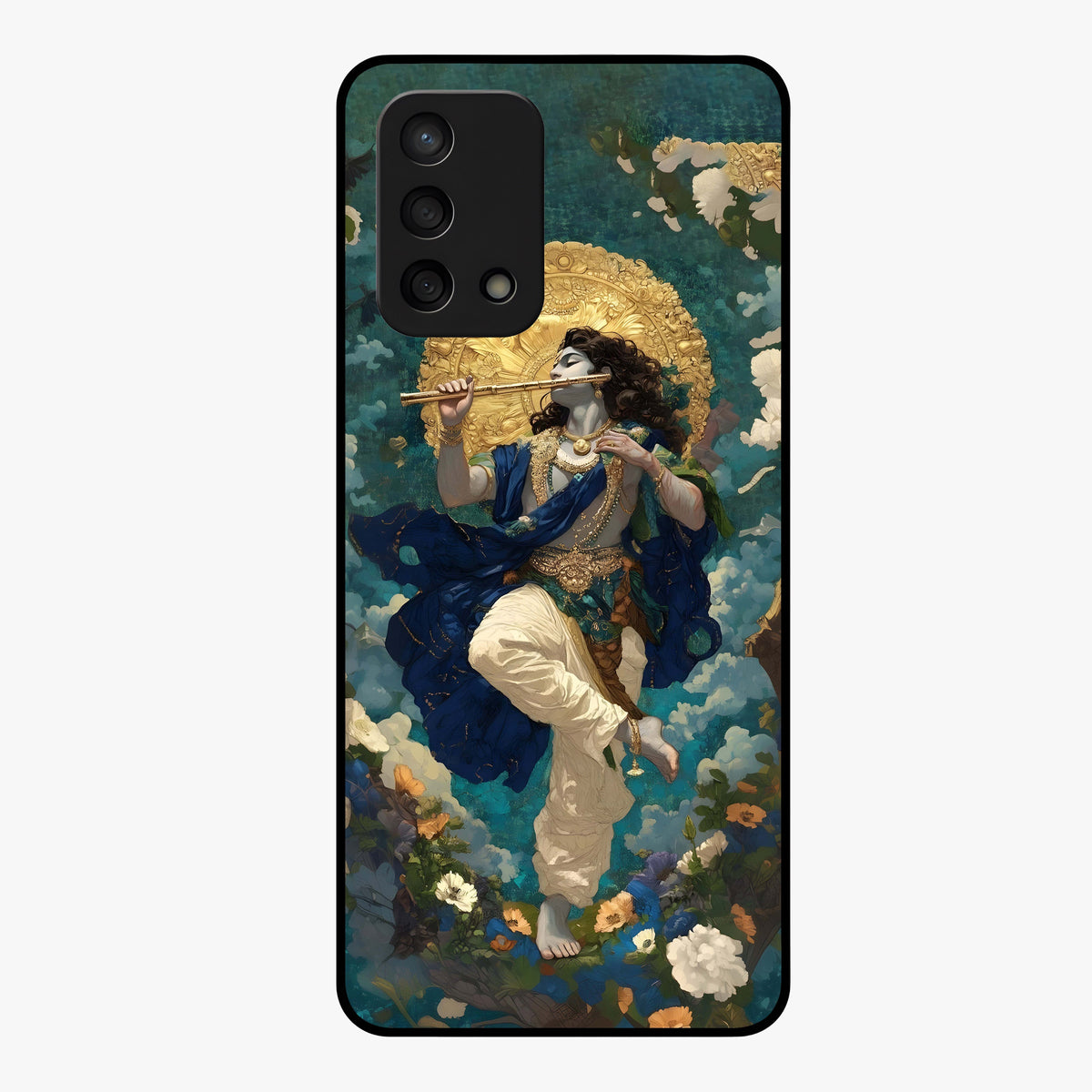 Divine Krishna Art Glass Case showing flat back view with Lord Krishna artwork and glossy glass finish.