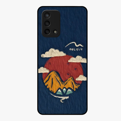 Dream Beyond Mountains Glass Case showing flat back view with scenic mountain landscape artwork and glossy glass finish.