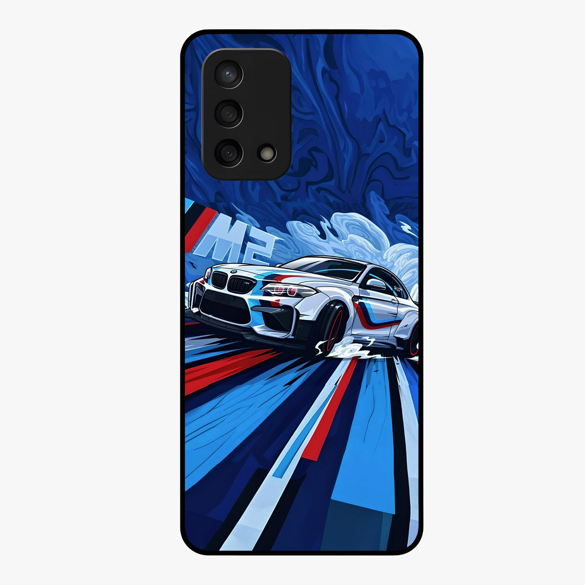 Drift Power Rush Glass Case showing flat back view with dynamic racing inspired artwork and glossy glass finish.