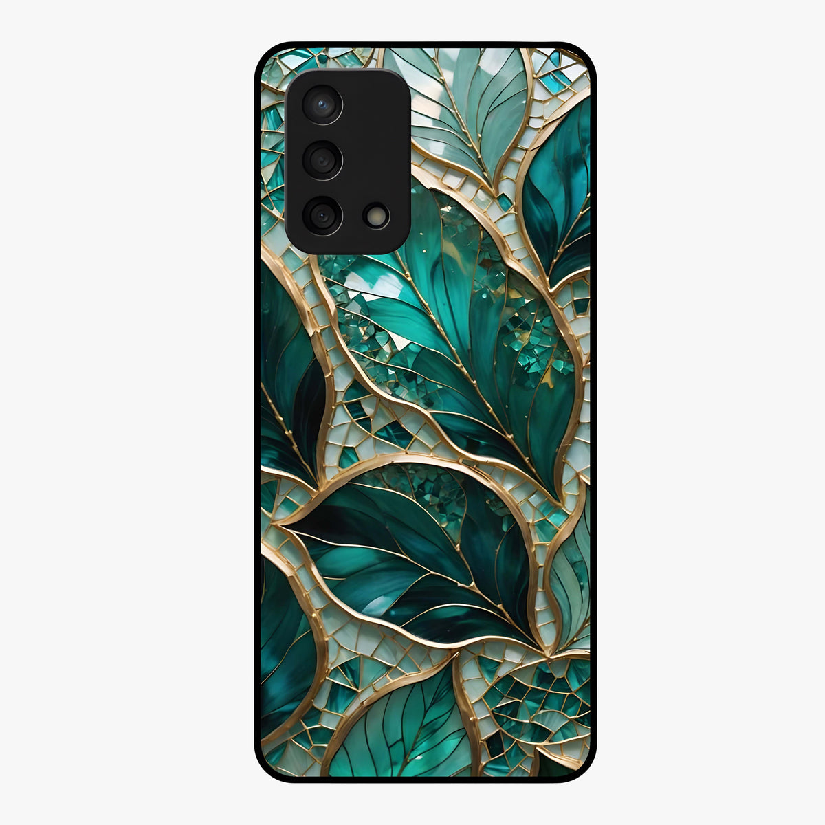 Emerald Leaf Glass Glass Case showing flat back view with emerald green leaf artwork and glossy glass finish.