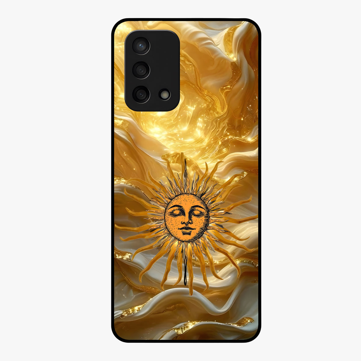 Eternal Golden Glow Glass Case showing flat back view with radiant golden themed artwork and glossy glass finish.