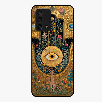 Ethereal Evil Eye Glass Case showing flat back view with mystical evil eye artwork and glossy glass finish.