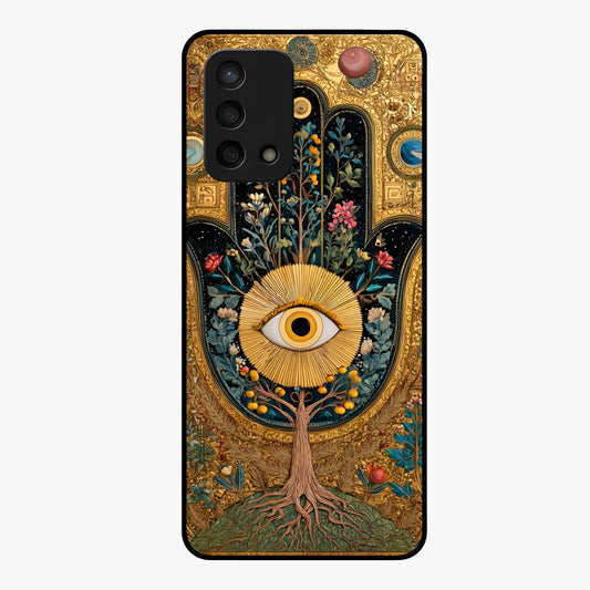 Ethereal Evil Eye Glass Case showing flat back view with mystical evil eye artwork and glossy glass finish.
