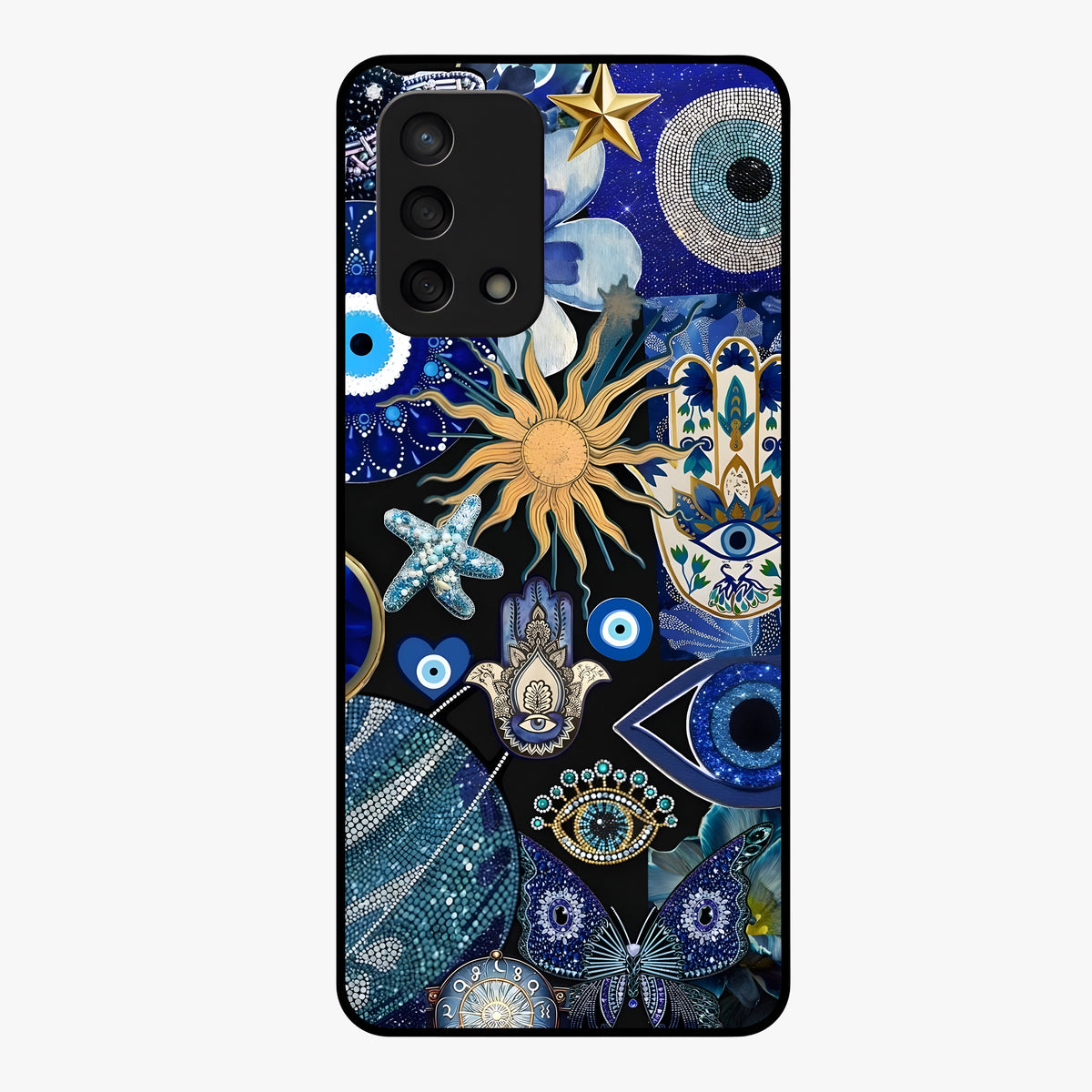 Evil Eye Charm Mix Glass Case showing flat back view with multiple evil eye charms artwork and glossy glass finish.