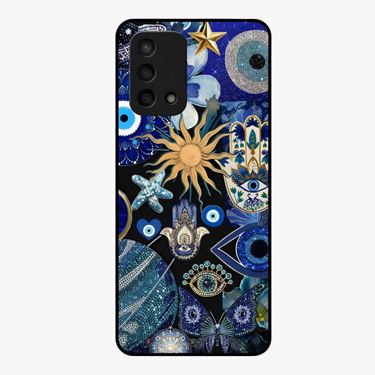 Evil Eye Charm Mix Glass Case showing flat back view with multiple evil eye charms artwork and glossy glass finish.