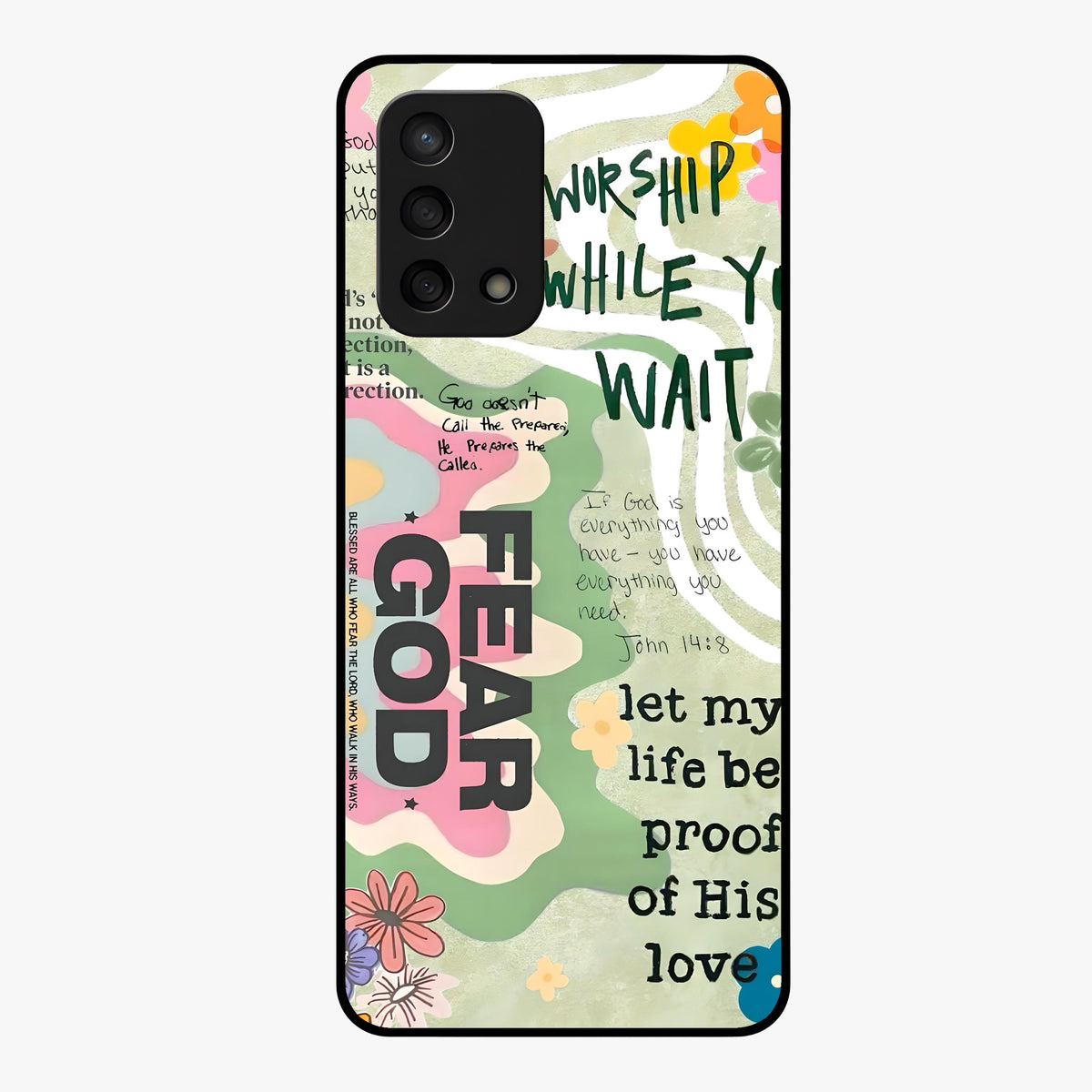 Faith Over Fear Glass Case showing flat back view with motivational typography artwork and glossy glass finish.