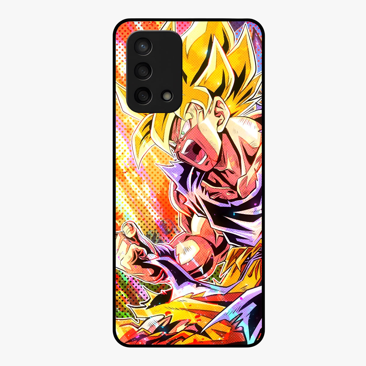 Firing Goku Glass Case showing flat back view with powerful anime inspired artwork and glossy glass finish.