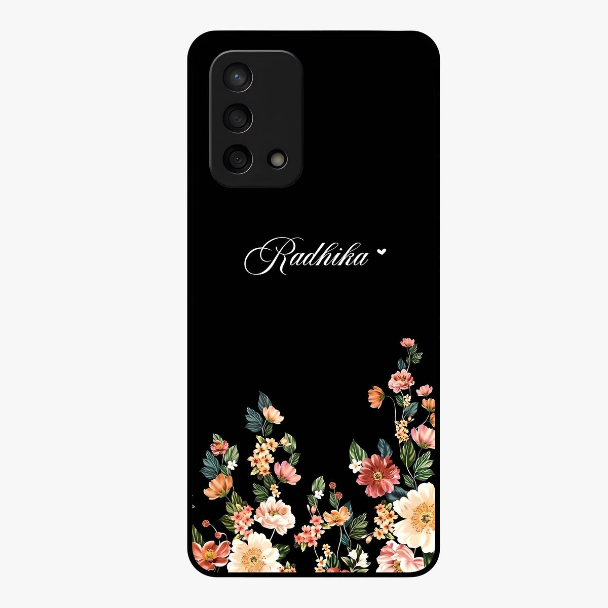 Floral Design With a Custom Personalized Name Glass Case showing flat back view with floral artwork and personalized name design.