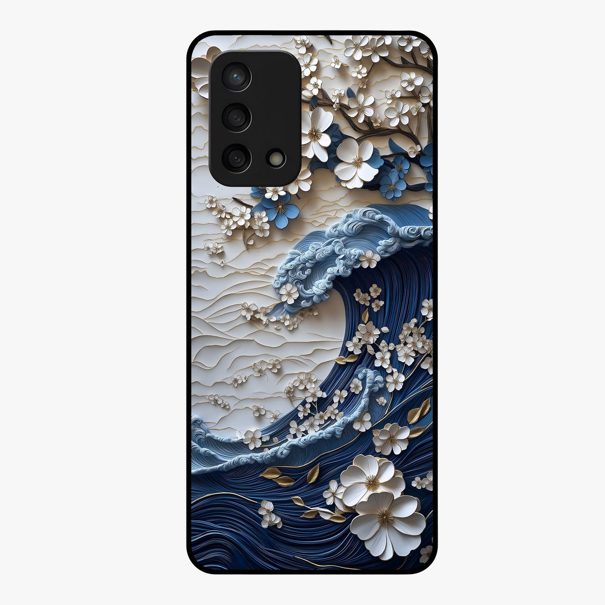 Floral Wave Origami Glass Case showing flat back view with origami inspired floral wave artwork and glossy glass finish.