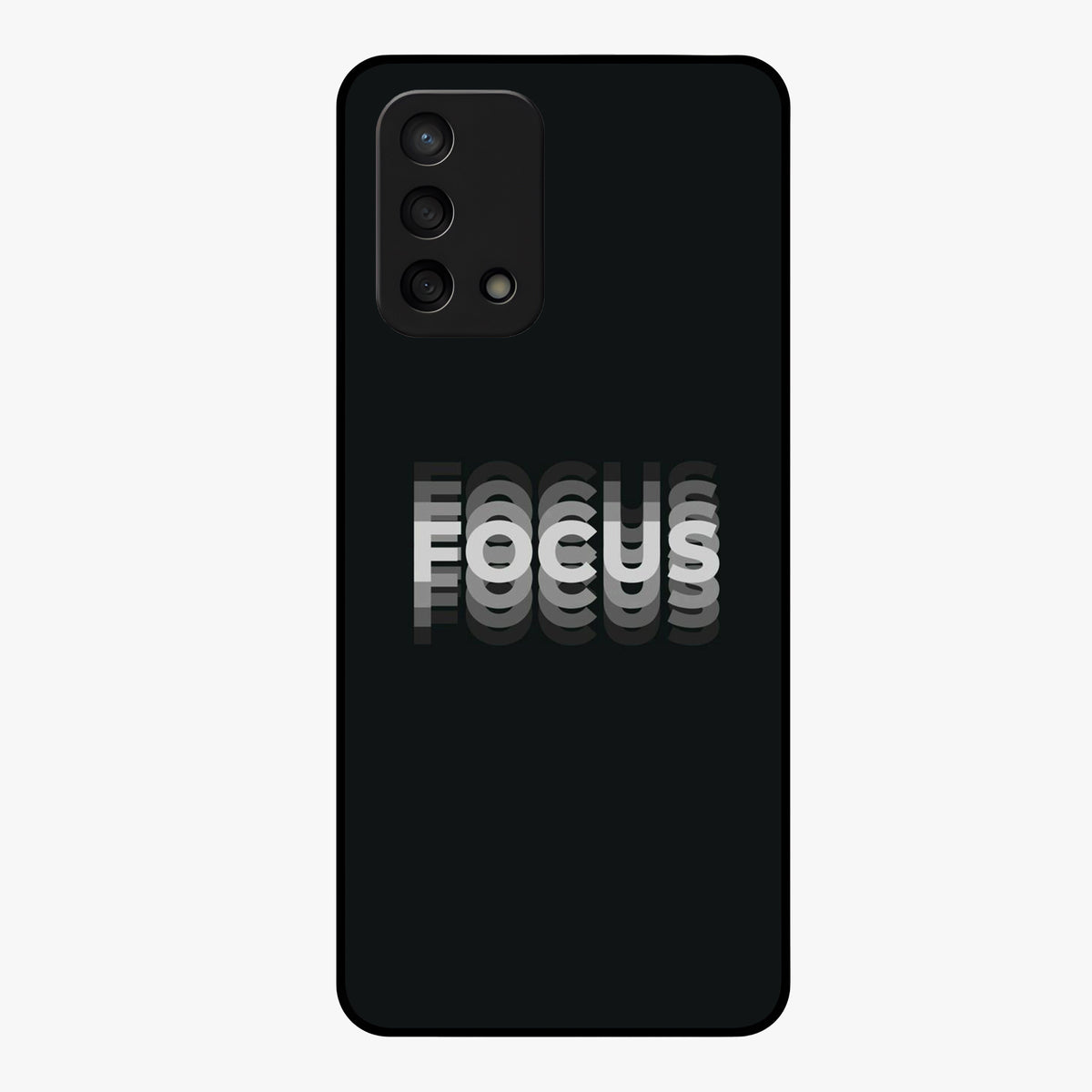 Focus Mode On Glass Case showing flat back view with bold motivational typography design and glossy glass finish.