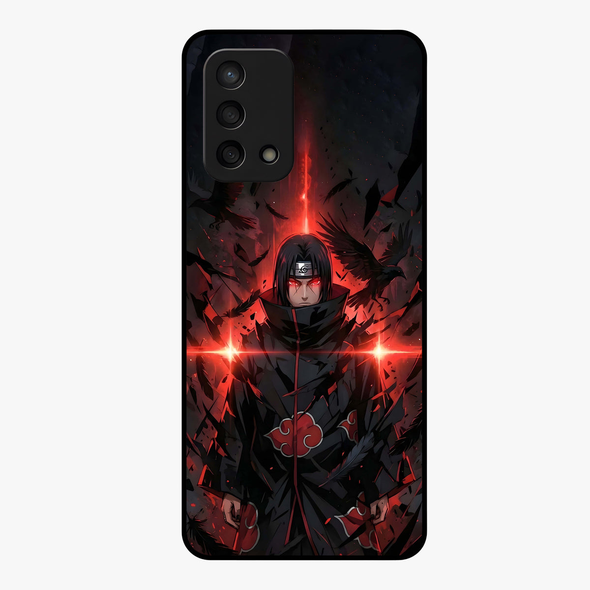 Focused Blade Discipline Glass Case showing flat back view with warrior sword themed artwork and glossy glass finish.