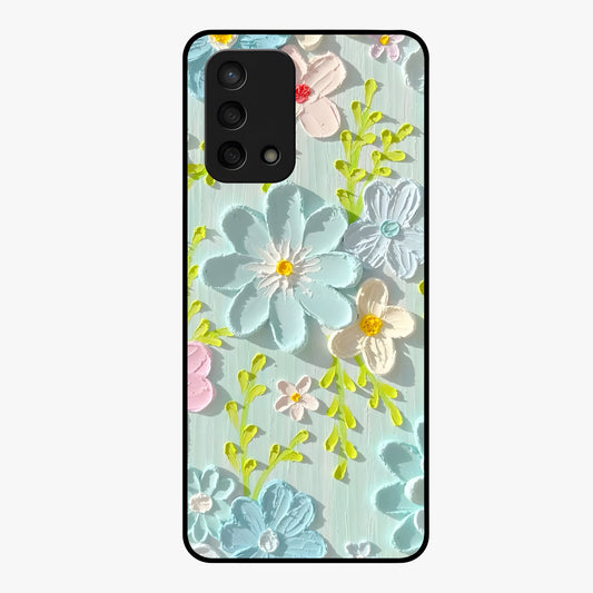 Frosted Petal Garden Glass Case showing flat back view with soft frosted floral artwork and glossy glass finish.