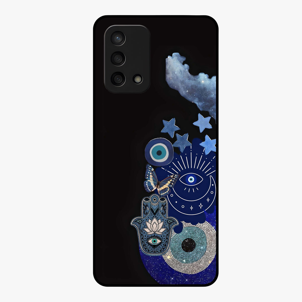 Galactic Charm Cluster Glass Case showing flat back view with glowing celestial charm artwork and glossy glass finish.
